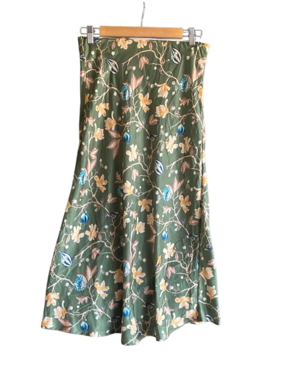 Urban Outfitters Blue/Gold Floral Print Silky Long Skirt. Size Medium